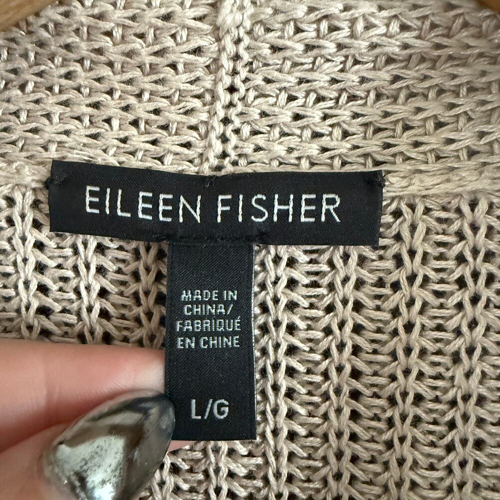 EILEEN FISHER | Oatmeal Tan Open Weave Linen Open Front Cardigan | Large - Picture 4 of 5